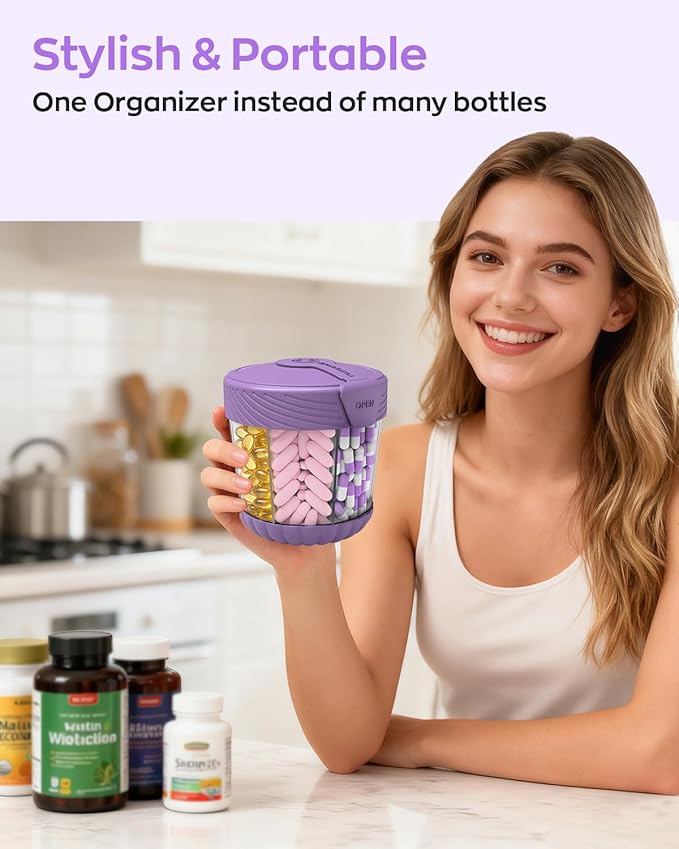 Cute Pill Dispenser with 7 Large Compartments, Portable Pill Bottle Organizer with Wide Opening for Travel, Anti-Mixing Pill Container, Shatterproof BPA-Free, Includes 20 Pcs Labels, Purple