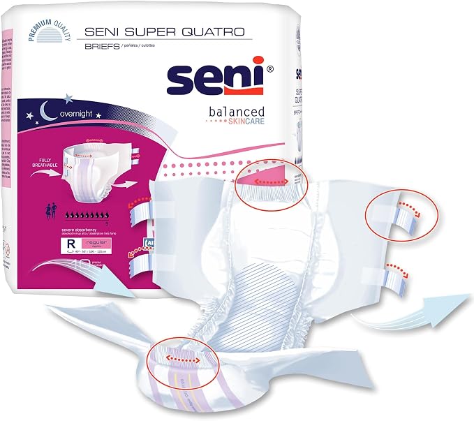Seni Super Quatro Unisex Adult Incontinence Briefs with Tabs, Regular Size (40"-50"), 20 Count (2 Packs of 10), Severe Absorbency, Disposable Overnight Briefs for Men & Women