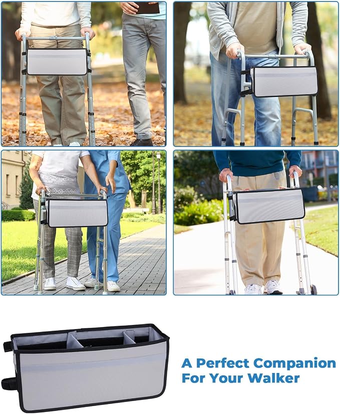 JOYTUTUS Walker Basket for Seniors, Basket for Walkers with Cup Holder, with Two Split Board, Foldable Walker Storage Bag, Best Gift for Family and Friends, Gray (Not Fit Rollator Walkers)