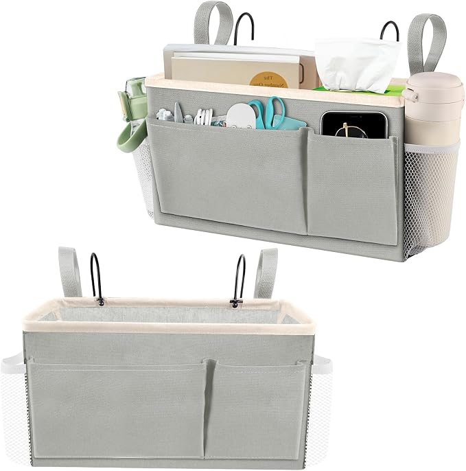BlissTotes Bedside Caddy, Dorm Storage with Pockets, Bunk Bed Accessories | Hanging Bed Storage Organizer with Hooks, Bedside Shelf Bag, Magazine Holder for Home, College, Hospital (Light Grey, 2 Pack)