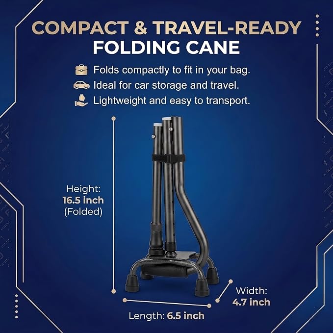 PARLORA Walking Cane 4 Prong for Stability - 3-in-1 Foldable Heavy Duty Cane with Interchangeable Quad & Single Bases, 8 Adjustable Heights, Offset Handle & Wrist Strap for Women, Men & Seniors