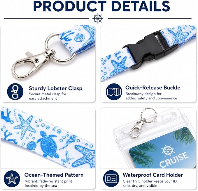 6 Pack Cruise Lanyard for Ship Cards, Cruise Essentials 2026, Starfish | Detachable Lanyards with Waterproof ID Badge Holders, Cruise Must Have for Carnival, Royal Caribbean, NCL