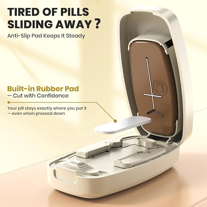 Pill Cutter Splitter for Small and Tiny Pills, Anti-Slip Silicone Pad Holds Pills Steady, Adjustable Pill Cutter for Accurate 1/2 1/3 1/4 Cutting, Sharp Stainless Steel Blade with Safety Guard