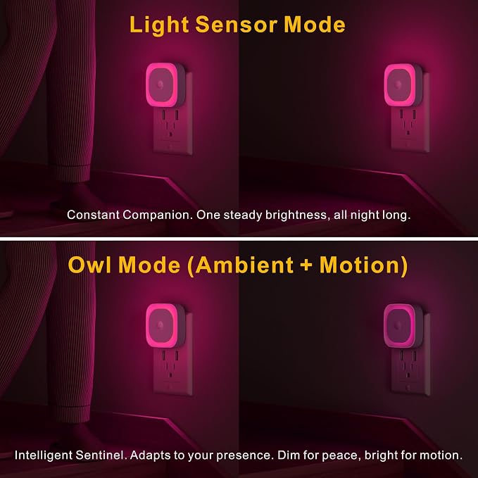 Pink Night Light Motion Sensor, Dimmable Plug in Nightlight, 2 Pack | 3 Modes, Auto Dusk to Dawn Sensor, Eye-Care Reflected Glow, Nightlight Plug into Wall, Pink Lamp for Bedroom, Girls, Bathroom