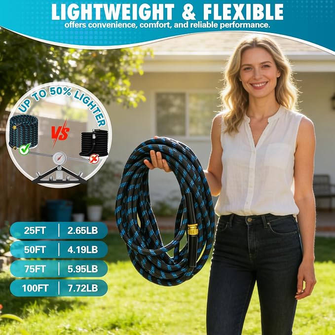 100FT Garden Hose, Non-Expandable Flexible Fabric Water Hose with 10-Function Spray Nozzle, Kink-Free Lightweight Yard Hose with 3/4" Solid Brass Connectors for Lawn, Outdoor, RV & Marine Use
