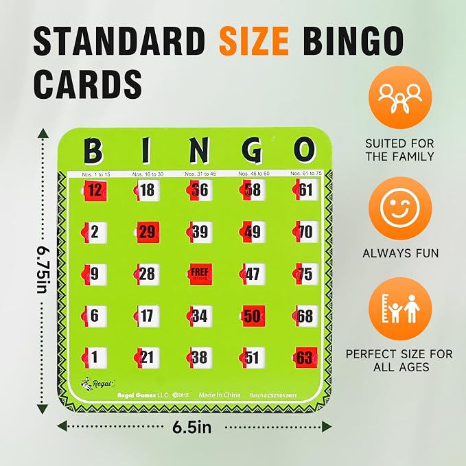 Regal Bingo Bulk Bingo Cards with Sliding Windows - Reusable Large Print Bingo Game Cards for Adults Large Group - 8 Pack, Green