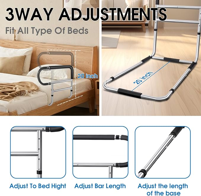 Bed Rails for Elderly Adults Safety, Stainless Steel Bed Assist Rail with Adjustable Side Railings for Seniors Bedside Fall Prevent Grab Bar with Storage Pocket, Fits King Queen Full Twin Bed
