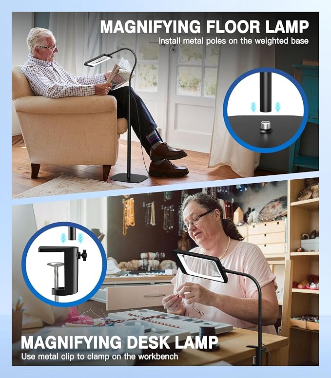 MoKo 10X Floor Magnifying Glass with Light and Stand, 7-Inch Lens | Floor magnifying lamp has a flexible gooseneck, 60 LEDs, 5 color modes and a 3-in-1 floor or desk design.