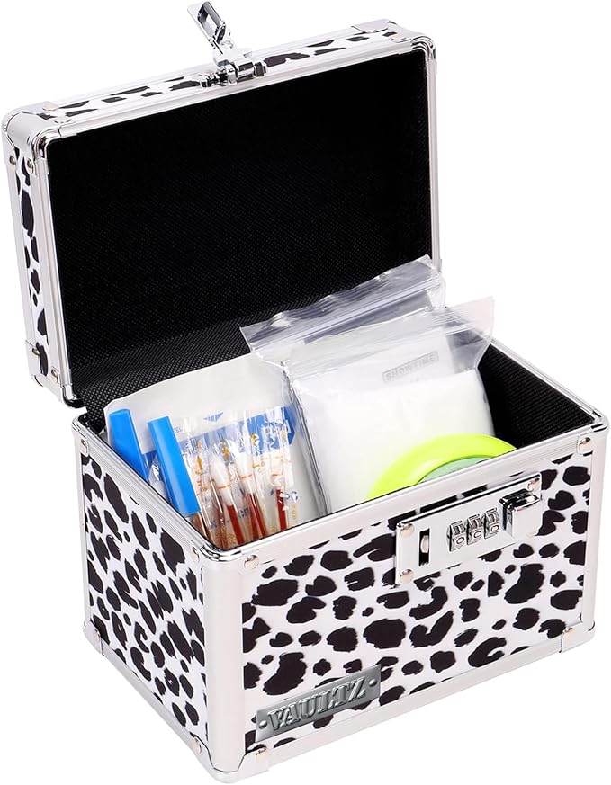 Vaultz Locking Medicine Box with Combination Lock - Secure Metal Lock Box Safe for Medication, Pills & Valuables, Small Lockbox with Code, Portable Storage Case, Leopard