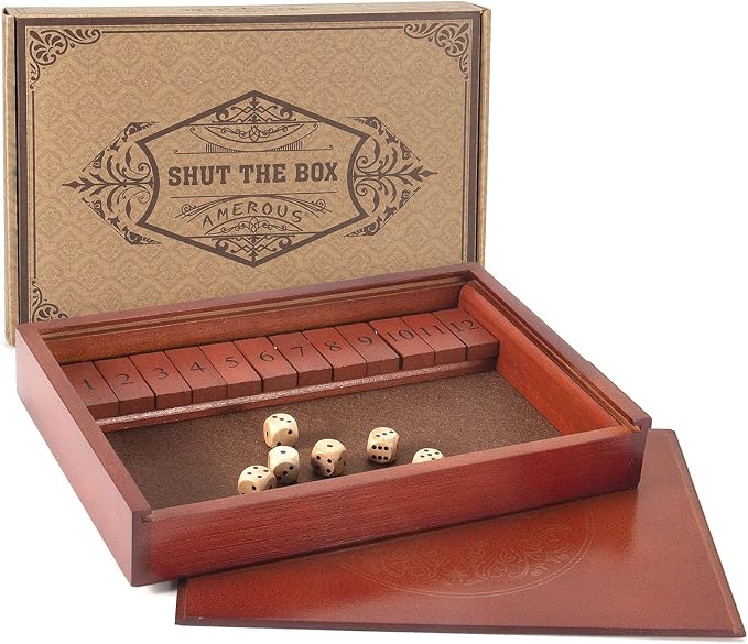 AMEROUS Shut The Box Dice Game，Wooden Board Table Math Game with Lid - 6 Dice - Gift Package - Rules, Classic Board Game for Kids Adults, Family