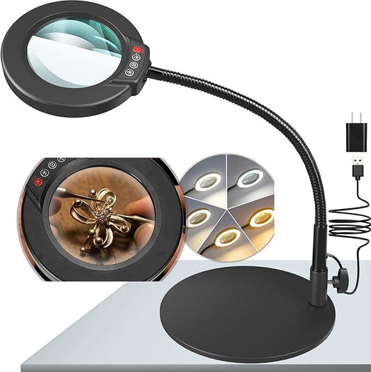 10X Magnifying Glass with Light and Stand, 16.5in Flexible Goose-Neck, 5 Color Modes Stepless Dimmable LED Lighted Desk Lamp, Hands Free Magnifier for Crafting Hobby Painting Close Work - Black