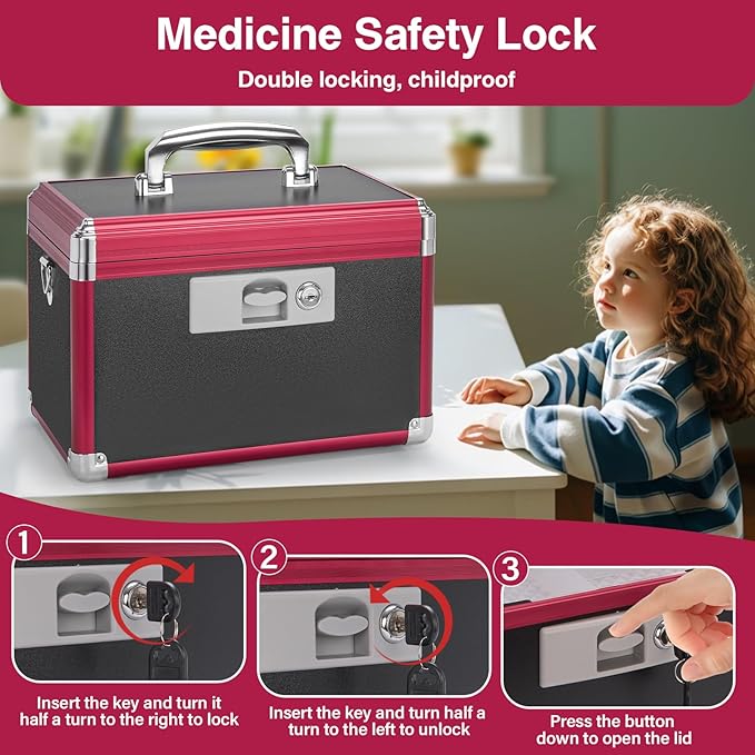 GODLONSEN Medicine Lock Box for Safe Medication - 13.4 x 7.6 x 8.2 Inches - Lockable Storage Box for Drugs, First Aid Kit Empty, Lock Boxes with Key for Home/Outdoor (Black & Red/Large)