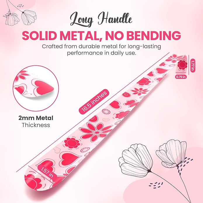 Premium Long Handle Metal Shoe Horn For Women, Seniors, Girls, Kids | 16.5" Inch Solid Shoehorn | Unbreakable, Unbendable (Pink)