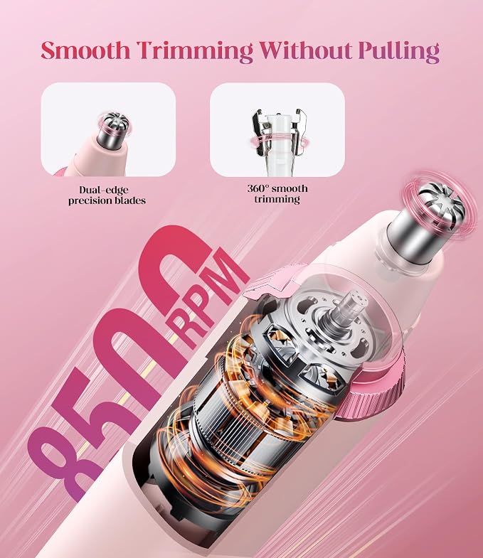Nose Hair Trimmer for Women, 3-in-1 Painless & Gentle Trimmer for Nose, Eyebrows & Facial Hair, Type-C Rechargeable Precision Groomer with Double-Edged Blades, IPX7 Waterproof - Pink