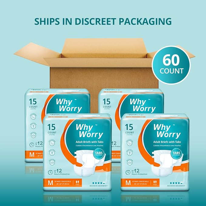 WhyWorry Adult Diapers with Tabs, Maximum Absorbency, Medium, 60 Count | Disposable Incontinence Briefs, for Women & Men, Leak-Proof Diaper, Overnight Protection, Odor Control, Unisex, 4 Packs of 15