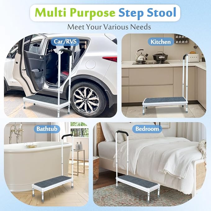Step Stool with Handle for Elderly Adults Medical Bedside Steps for High Beds Seniors Safety Stepping Stool with Handrail Heavy Duty 400lbs Adjustable Handicap Bed Stairs Wide Platform-31