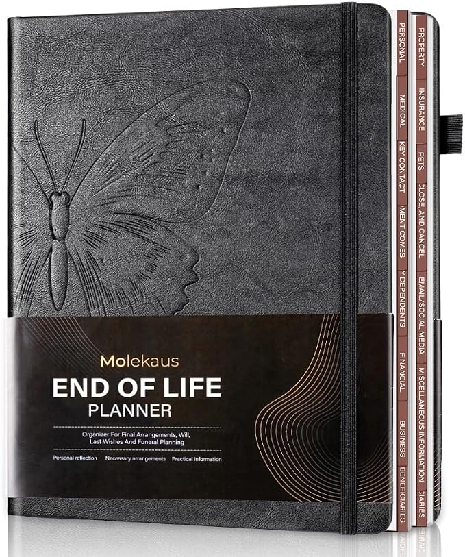 Molekaus End of Life Planner with Tabs, 7"x10" | Guided Estate Planning Organizer, Large Print, 120GSM Thick Paper, Inner Document Pockets for Final & Legal Affairs, Black