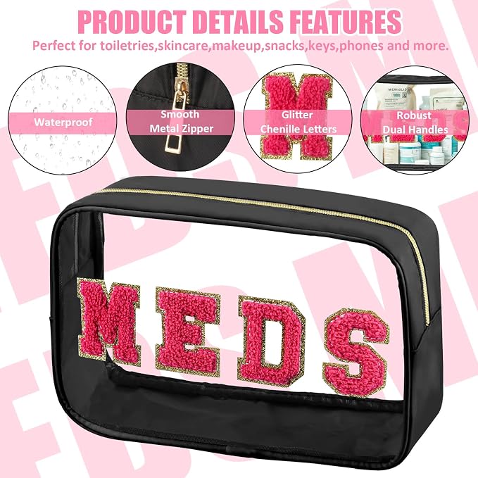 BuyCard 2 Pcs Medicine Chenille Letter Bag Preppy Clear Makeup Meds Pouch for Travel Nylon & PVC Transparent Cosmetic Bag Preppy Patch Toiletry Storage for Women Girls Black
