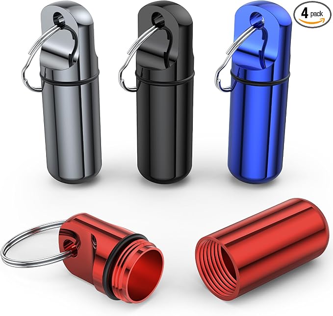 Urekt Small Pill Box Keychain, (4 Pack) Portable Keychain Pill Holder Aluminum Alloy Medicine Organizer Mini Metal Pill Case for Purse Waterproof Travel medication Container for Outdoor Camping Travel