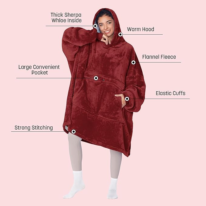 Catalonia Oversized Blanket Hoodie Sweatshirt, Wearable Sherpa Lounging Pullover for Adults Women Men