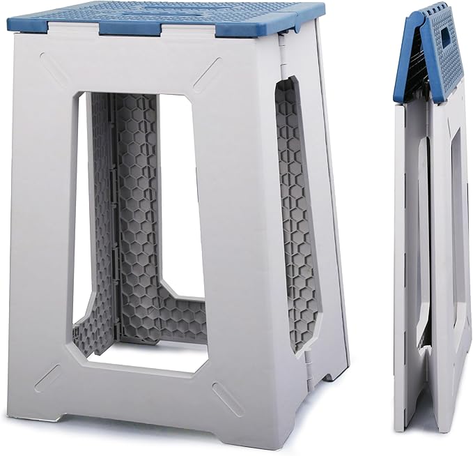 Foldable Small Waterproof Plastic Corner Stool for Bathroom - Foldable Non-Slip Shower Bench/Bathtub Stool for The Elderly, Blue-White Color Scheme,Holds Up to 330 lbs, 17.7 inches