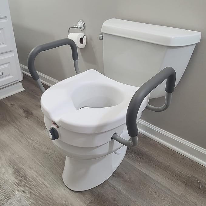 Carex E-Z Lock Raised Toilet Seat With Handles, 5" Toilet Seat Riser with Arms, Handicap Raised Toilet Seat For Seniors and Elevated Toilet Seat