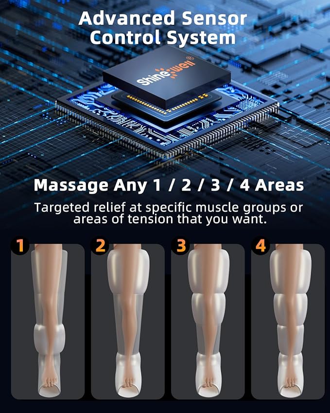 SHINE WELL Air Compression Leg Massager, Professional Leg Recovery System for Muscle Revival, Sequential Compression Leg Therapy Device with 11 Intensities, 4 Massage Area Selectable (Medium)
