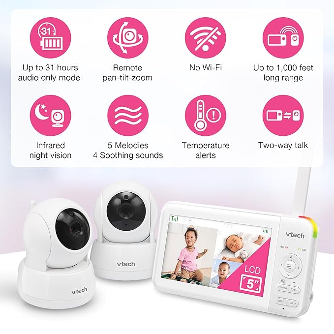 VTech 2 Cameras Video Baby Monitor with 5" LCD Screen,Up to 17Hrs Video & 31Hrs Audio, Night Vision, Pan-Tilt-Zoom, Lullabies, Soothing Sounds, Temperature Sensor,Split Screen, No WiFi: 924-2W