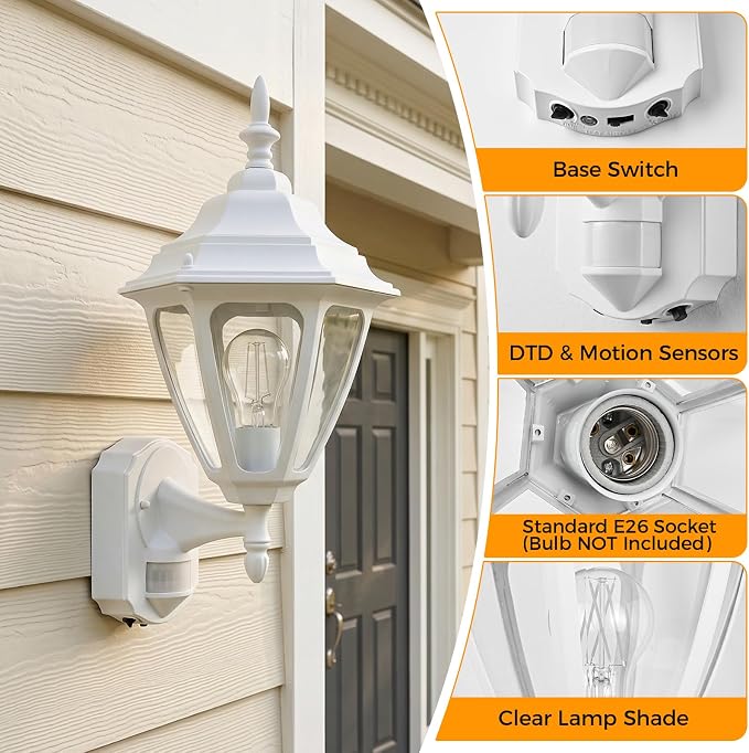 Porch Lights Outdoor Motion Sensor Wall Sconce Anti-Rust Aluminum, Exterior Outdoor Wall Lights Dusk to Dawn Porch Light Fixture Wall Mount for House Outside Patio Large White