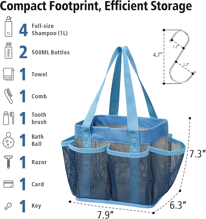 F-color Mesh Shower Caddy Portable - Stand Up 8 Pockets for Dorm, Blue | Stand Up Frame, S Hook, Collapsible Organizer, Mesh Shower Bag Bathroom Tote for College Dorm, Camping, Gym, Travel