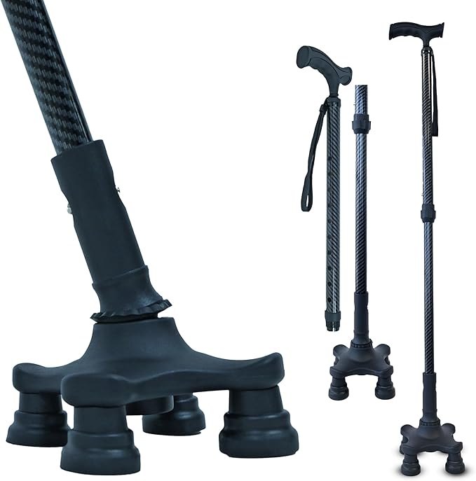 Dr. Aid Tripod and fourpod Walking Cane for Men & Women Premium Carbon Fiber Black Cane Adjustable Heavy-Duty 3 or 4-pronged Walking Stick for Seniors, Supports 400 lbs