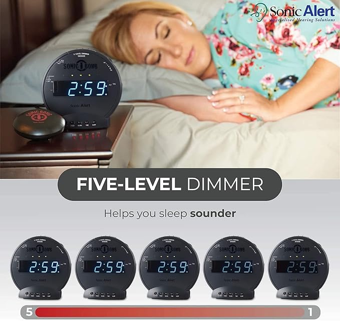 Sonic Alert Sonic Bomb Dual Alarm Clock with Bed Shaker, Black Vibrating Alarm Clock Heavy Sleepers, Battery Backup | Wake with a Shake