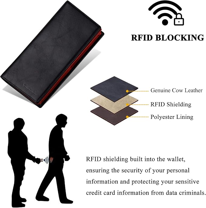 VISOUL Leather Checkbook Cover Wallet for Men with RFID Blocking, Mens Long Bifold Cash Tall Wallet with 11 Credit Card Slots 1 ID Window (Black and Burgundy)