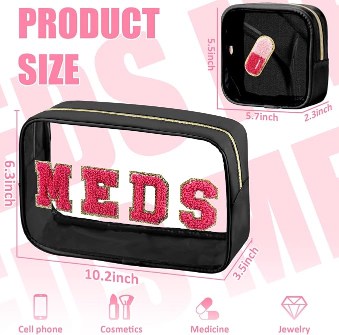 BuyCard 2 Pcs Medicine Chenille Letter Bag Preppy Clear Makeup Meds Pouch for Travel Nylon & PVC Transparent Cosmetic Bag Preppy Patch Toiletry Storage for Women Girls Black