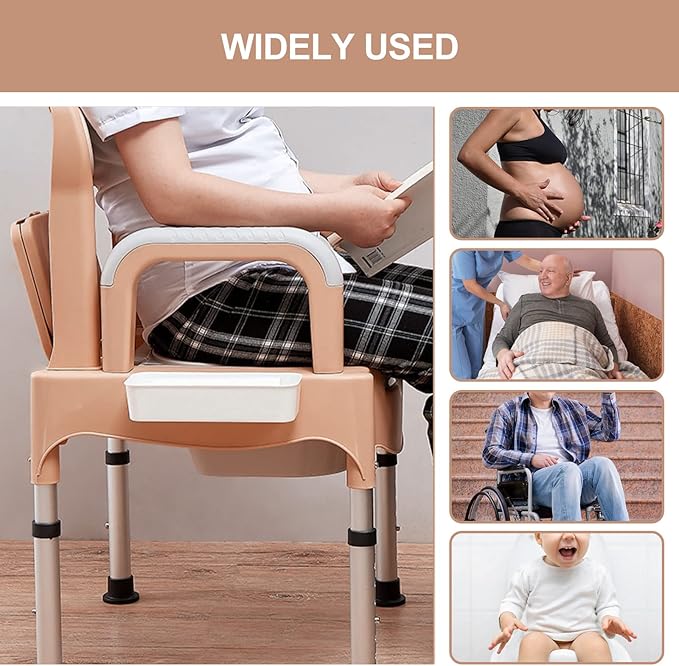 Bedside Commodes, 16" Toilet Chair Seat with Handles, Adjustable Mobile Portable Toilets, Anti-Slip and Anti-Rollover, Adult Potty Chair Load 660 Lb for Seniors Disabilities Elderly & Others