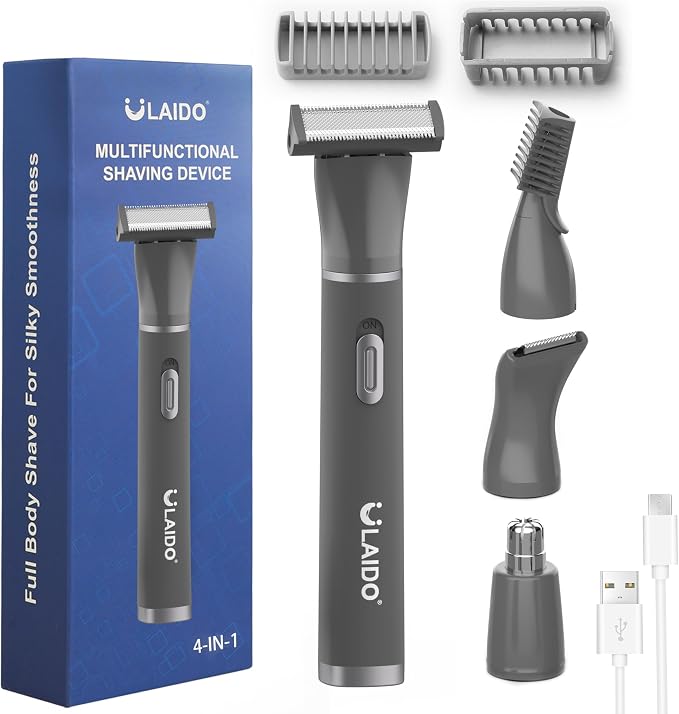 Body Hair Trimmer for Men, 4 in 1 Versatile Trimmer Shavers for Nose Ear Eyebrow Body Hair Trimming, USB-C Fast Charge Electric Pubic Hair Trimmer for Smooth Shaving with Storage Bag