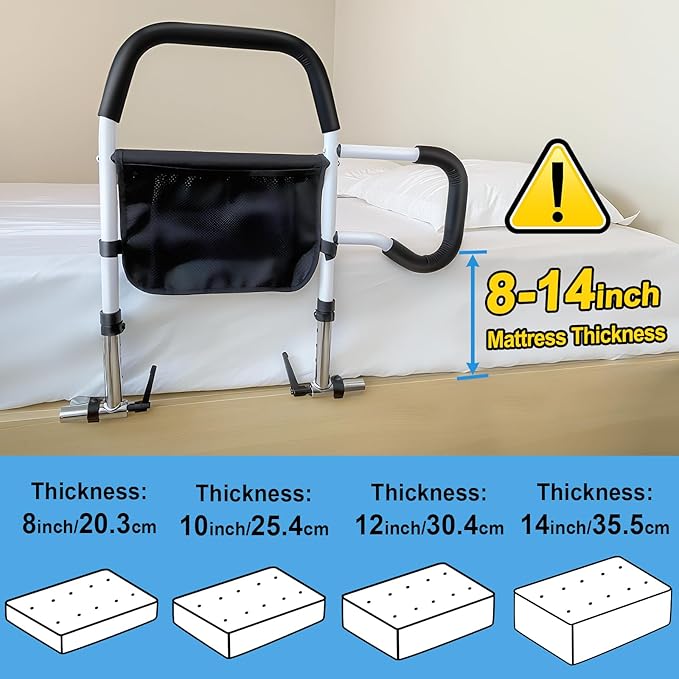 Bed Rails for Elderly Adults Safety, Foldable Bed Guard Rails, Assist Bar for Seniors Fit King/Queen/Full/Twin Size, Gifts for Seniors, Adjustable Heights & Storage Pocket