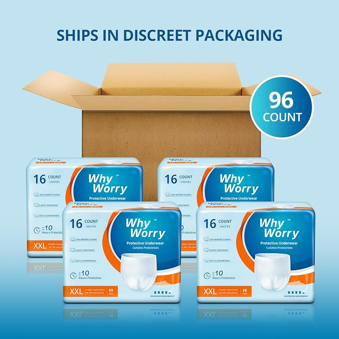 WhyWorry Incontinence Underwear for Women & Men, XXLarge, 96 Count | Disposable Adult Pull Ups with Maximum Absorbency, Leakproof Adult Diaper Pants, Overnight Protection, Odor Control, Unisex