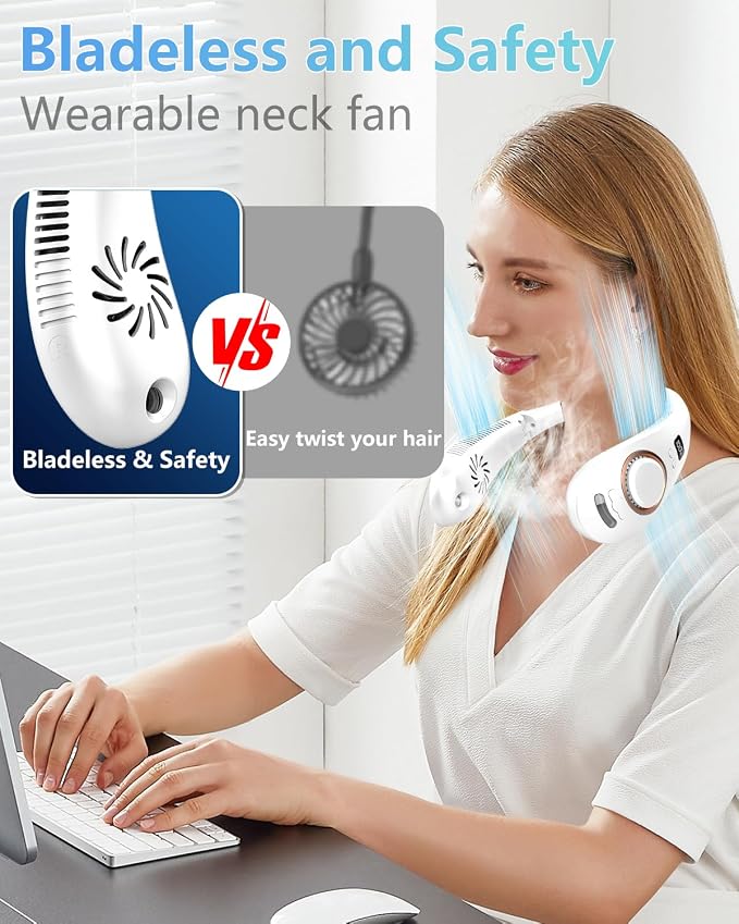 Neck Fans that Blow Cold Air,Misting Neck Fan Rechargeable Battery Powered,Foldable Leafless Hands Free USB Chargable Cooler,Slient Mini Head Unit Water Mister Sprays for Travel Camping Outdoor White