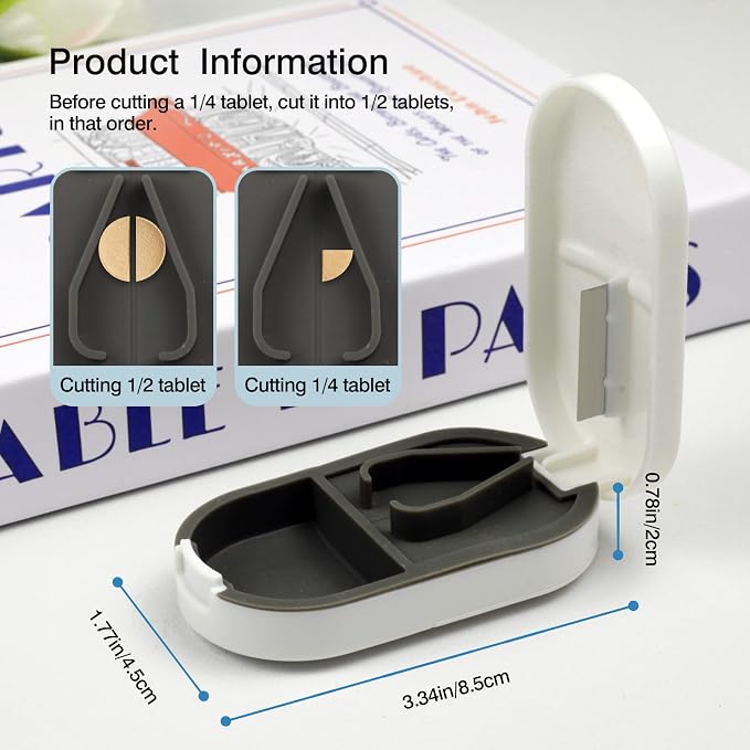 Pill Cutter & Splitter & Organizer – Accurately Cuts, Stores Pills with Detachable V-Shaped Silicone Slot, Portable & Easy to Clean