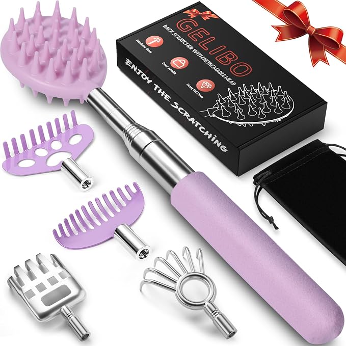 Telescoping Back Scratcher with 5 Detachable Heads, Gift for Men Dad Purple | 10-31'' Reach,Stainless Steel, Non-Slip Grip, Birthday Gifts for Men Women, Christmas Stocking Stuffers, White Elephant Gifts