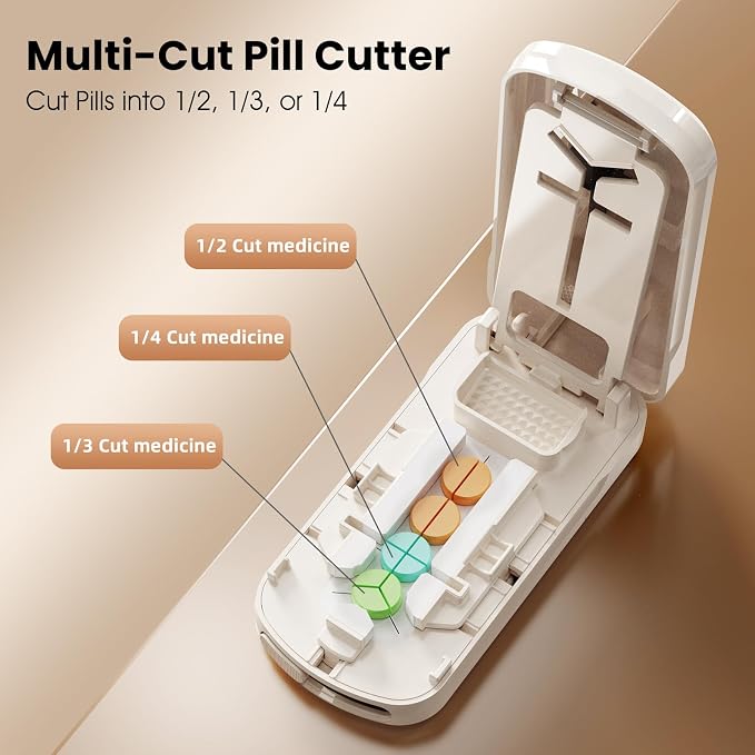 Pill Cutter 1/2 1/3 1/4, Precision Pill Splitter for Small & Large Pills, Adjustable Centering Slot, Dual Safety Blades, 3-in-1 Tablet Cutter, Portable & Easy to Use