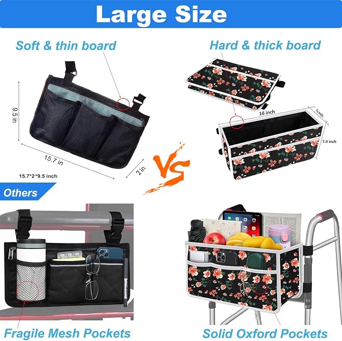 Yuan & Chuang Walker Bag, Water Resistant Large Capacity Carry Storage Carrier Tote, Basket for Walker with Multiple Pockets, Folding Walker Basket with 6 Elastic Straps for Most Walker - Rose Pattern