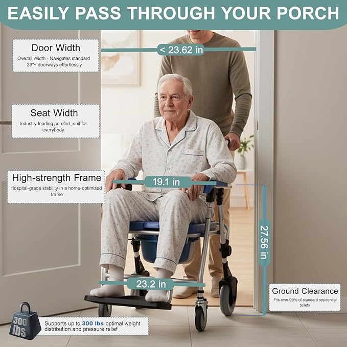 Bedside Commode with Wheels - Anti-Sponge Padded Seat, Foldable Mobile Toilet Shower Stool with 300 LBS Weight Capacity, Portable Toilet with Bucket for Elderly and Disabled
