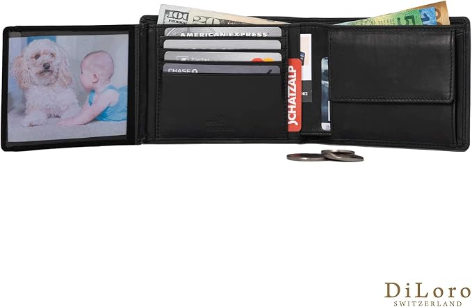 DiLoro Italy Mens Leather Wallet Bifold Flip ID Coin Section RFID Protection