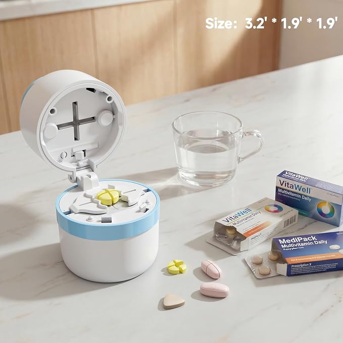 Pill Cutter 1/4 – Adjustable Cutter for Tiny to Large Tablets, Dual Blade Design for Accurate Quarter Cutting, Built-in Box, Senior-Friendly, Travel Use