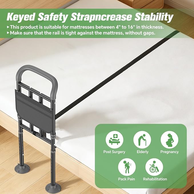 Bed Rails for Elderly Adults Safety with Ergonomic Padded Handle, ASTM Approved Adjustable Bed Assist Rail for Seniors, 400lb Weight Capacity, Fixing Strap&Storage Pocket, Fits Twin/Full/Queen/King