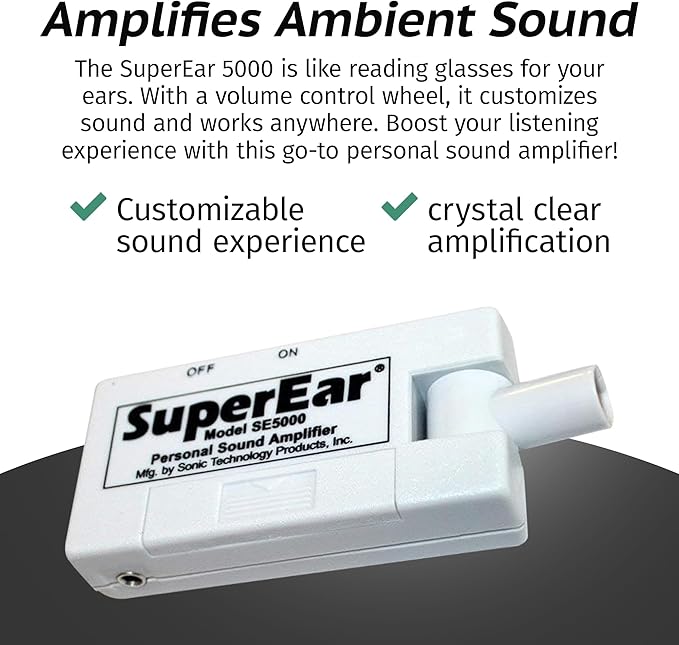 SuperEar Bundle: Personal Sound Amplifier Model SE5000 (PSAP) Pocket-Size Audio Amplifier with Headphones and Earbuds for Listening Assist & 50 Pair, 2.5" Disposable Sanitary Ear Covers for Hygiene