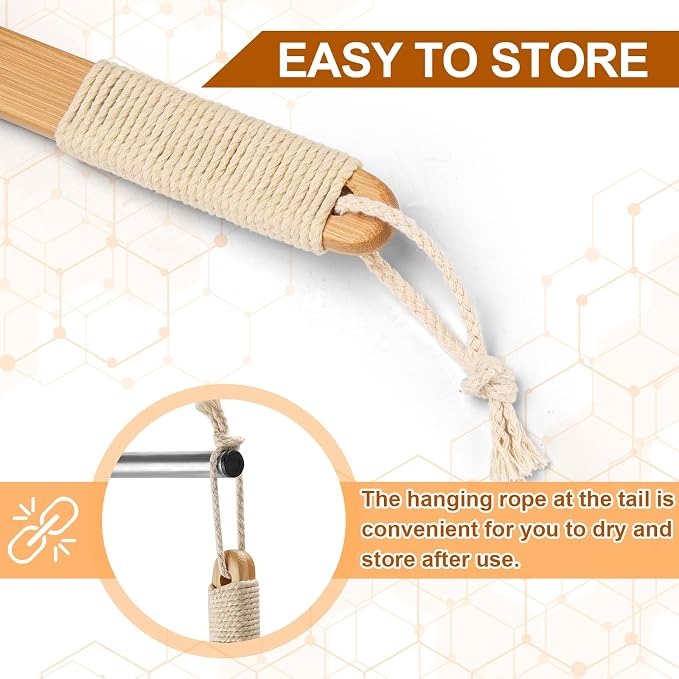 eaxun Bamboo Back Scrubber for Shower with Curved Long Handle, Shower Brush | 16.7 Inch Exfoliating Brush with Natural Horse Bristles for Men & Women, Anti-Slip Grip Back Washer for Bath or Dry Brushing