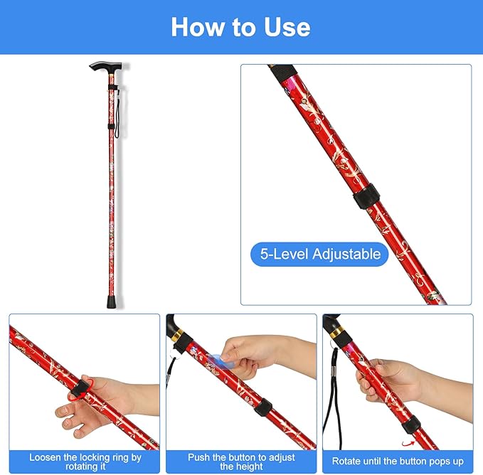supregear Folding Cane, 5-Level Adjustable Height Walking Stick Lightweight Collapsible Portable Travel Cane with Wrist Strap and T Handle for Elderly Disabled Men Women
